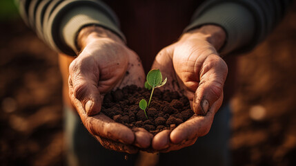 Hands gently holding rich soil with sprouting seeds, Symbolizing beginning of growth in agricultural setting, AI Generated - obrazy, fototapety, plakaty