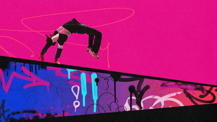 Somersault. Acrobatic stunts. Young guy training, practicing parkour tricks over colorful background. Contemporary art collage. Concept of creativity, sport, urban style, hobby, active lifestyle © master1305