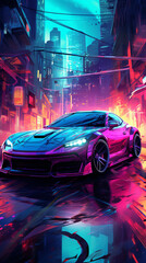 "Urban vibrance: a car set against a backdrop of neon city lights, encapsulating the electric energy of the streets Created using generative AI tools