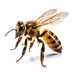 A natural bee is flying isolated on a white background