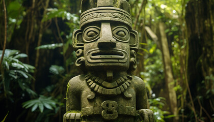 Ancient sculpture in tropical forest embodies indigenous spirituality generated by AI