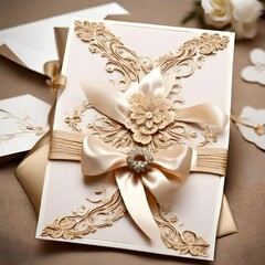 Invitation card with golden ribbon and design on it. Golden color wedding invitations cards package.