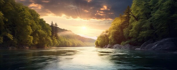 Riverside serenity. Tranquil landscape nature unveils beauty majestic river flowing through lush forest embraced by warmth of setting sun - Powered by Adobe