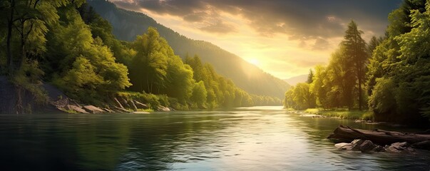 Riverside serenity. Tranquil landscape nature unveils beauty majestic river flowing through lush forest embraced by warmth of setting sun