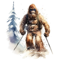 Watercolor bigfoot, yeti, png, Image Sasquatch In ski outfit, with skis and poles, bright image, watercolour style on white background - obrazy, fototapety, plakaty