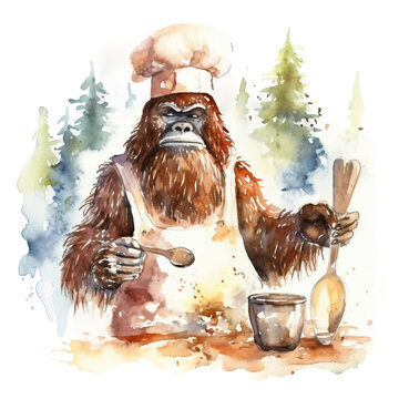 Watercolor bigfoot, yeti, png, Image Sasquatch with cooking hat, brew and spoon in hand, bright image, watercolour style on white background 