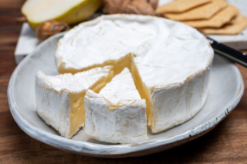 Fototapeta na wymiar French soft Camembert cheese, original Camembert de Normandie, with white mold