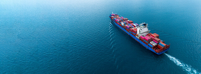 Aerial view container cargo maritime ship freight shipping by container cargo ship, Global business import export commercial trade logistic container cargo freight shipping.