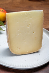 Piece of tasty Ossau-Iraty or Esquirrou sheep cheese produced in south-western France, Northern Basque Country