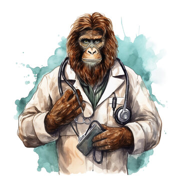 Watercolor bigfoot, yeti, png, Sasquatch Cardiologist: With stethoscope and heart in hand, bright image, watercolour style on white background