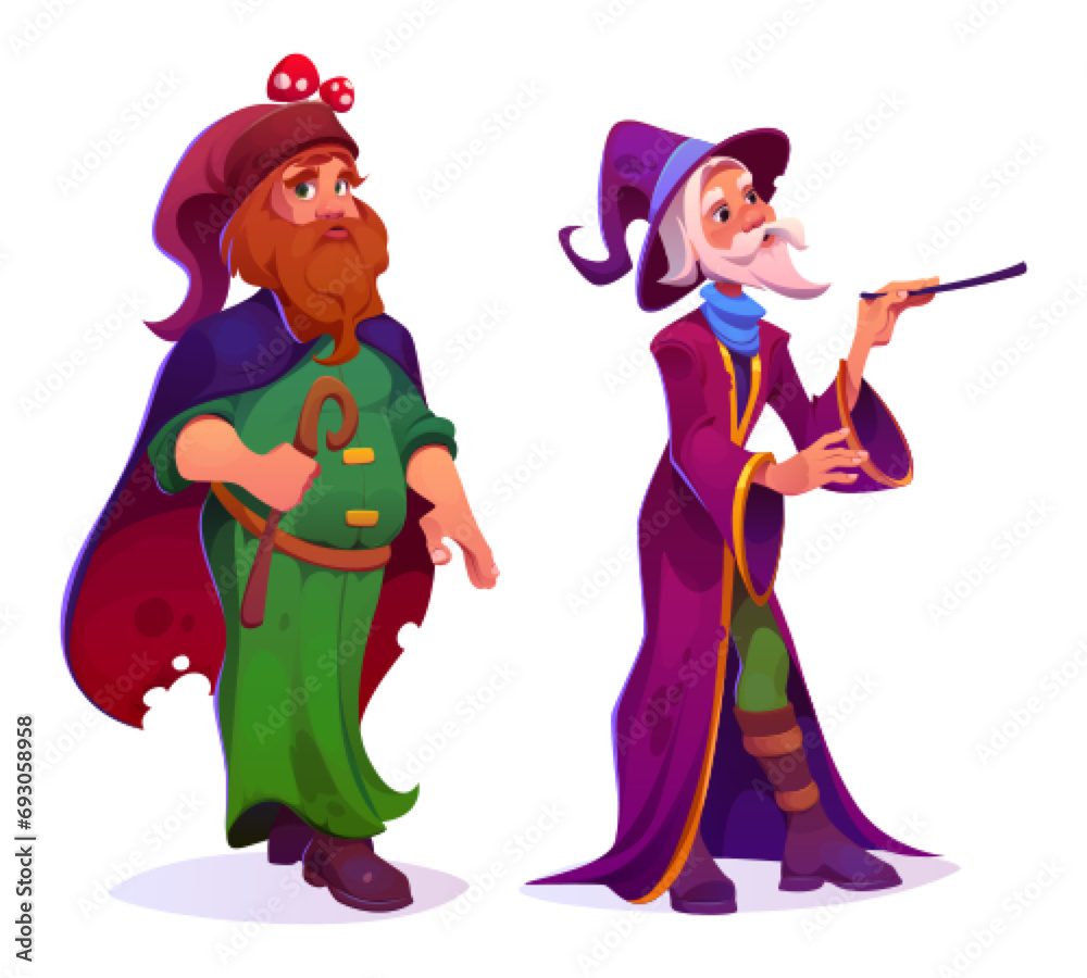 Poster Mystical wizard with witchcraft powers - two cartoon male magician sorcerer. Old man with grey beard in long mantle with magic wand, and forest warlock or woodsman with red hair and mushrooms on hat. - Posters