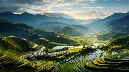 Fotobehang Panoramic view of terraced agricultural fields on mountainside showcasing adaptation of farming practices to diverse landscapes, AI Generated © Shining Pro