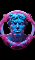Experience art anew: a sculpture face bathed in mesmerizing pink and blue neon lighting, adorned with a captivating ring created with generative AI tools.
