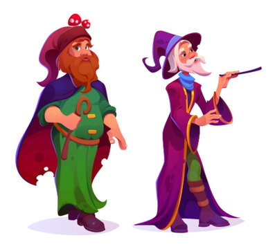 Mystical wizard with witchcraft powers - two cartoon male magician sorcerer. Old man with grey beard in long mantle with magic wand, and forest warlock or woodsman with red hair and mushrooms on hat.