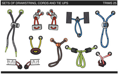 SET OF DRAWSTRINGS, CORDS AND TIE UPS FOR WAIST BAND, BAGS, SHOES, JACKETS, SHORTS, PANTS, DRESS GARMENTS, DRAWCORD AGLETS FOR CLOTHING AND ACCESSORIES VECTOR ILLUSTRATION