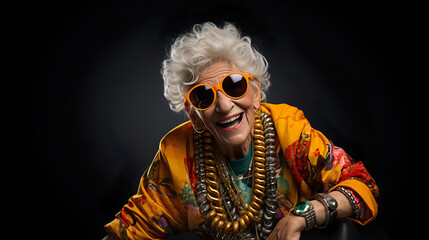 Crazy old granny with gold chain, watch and sunglasses, funny old woman with gray hair, expressive mature and happy smiling grandmother in colorful close-up portrait | Generative AI - obrazy, fototapety, plakaty