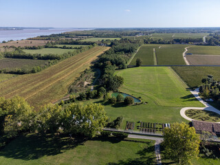 Aerial view on vineyards, Gironde river, wine domain or chateau in Haut-Medoc red wine making...