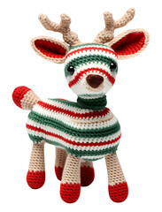 Fototapeta na wymiar Cute reindeer, cloth doll, Christmas, make from knitting, dicut, isolated background.