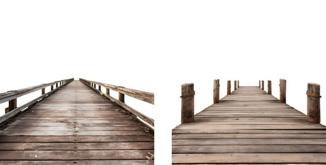 Set of Wooden Pier: Simple Levee Built from Wooden Panels, Isolated on Transparent Background, PNG