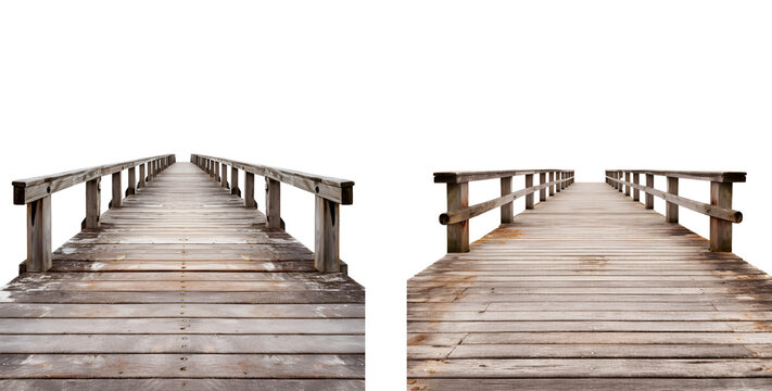 Fototapeta Set of Wooden Pier: Elementary Embankment Formed from Wood Boards, Isolated on Transparent Background, PNG