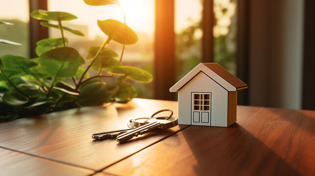 A close-up of keys and a model house are on the table in the house. Real estate concept
