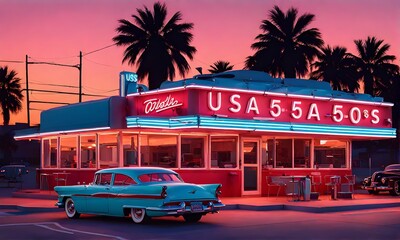 Vintage USA vibes: 60s outdoor dinner, neon signs, and cars