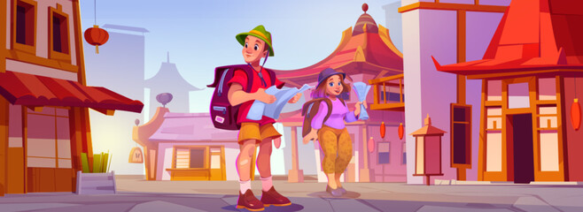 Tourists with maps in chinese city street. Vector cartoon illustration of traditional asian buildings with red lantern decoration, happy man and woman with backpacks go sightseeing, vacation travel