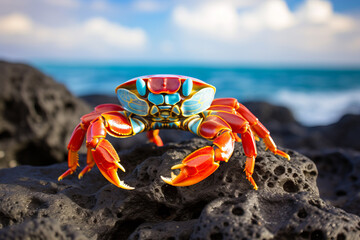 A very colorful Sally Lightfoot Crab sitting on a lava rock in the Galapagos Islands Ecuador with the sea in the background - obrazy, fototapety, plakaty