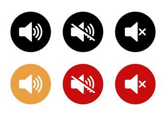 Mute speaker icon set collection on circle background. Sound off, silent symbol vector