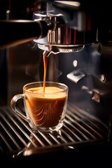 An espresso is being poured from an espresso machine, in the style of light orange and silver, ultrafine detail, sumatraism, close-up