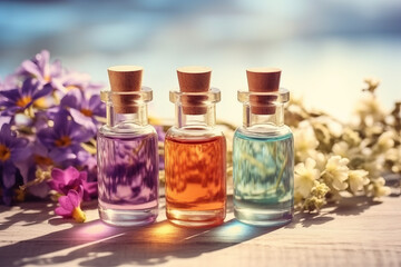 Obraz na płótnie Canvas Spa. Aromatherapy essential oils, flowers, sea salt. Spa set