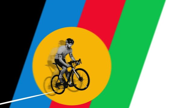Young man in helmet and goggles riding bicycle over multicolored background. Marathon. Stop motion, animation. Concept of professional sport, competition and match, dynamics. Poster, ad