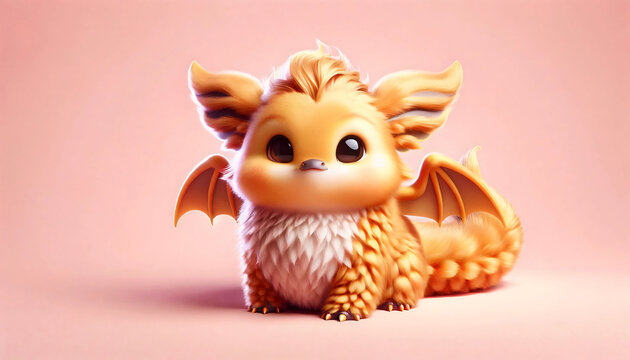 Cute yellow baby dragon. Cartoon fluffy gold dragon character. Funny Fantasy monster with wings and big eyes. Fairy-tale hero. Children book. Illustration of tales. Toy design. Print. Copy space. Red