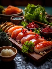 raw salmon sushi set on a japanese plate