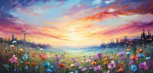 A field of wildflowers swaying in the gentle breeze under a canvas of the most mesmerizing pastel...