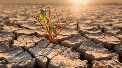 Global warming and climate changing concept. Green plant growth in cracked soil ground land. - 693064936