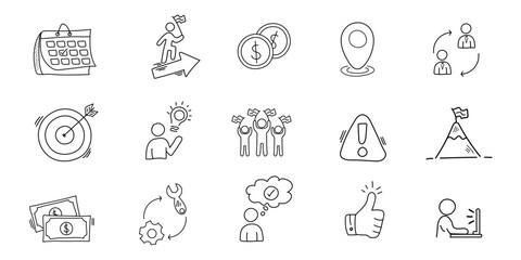 Set of Business doodle icon. Financial symbols doodles cartoon hand drawn, Working concept of office people. vector illustration.