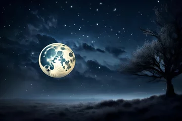 Papier Peint photo Lavable Pleine Lune arbre moon and planet