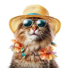 beautiful cute cat wearing cool glasses and a straw hat in summer clothes with smile on a white background PNG. Summer fun concept