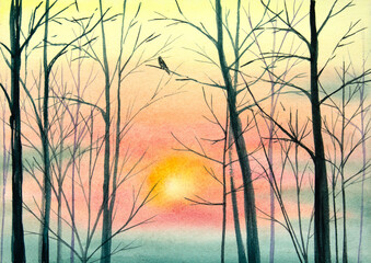 Hand painted watercolor trees without leaves. Watercolor sunset landscape with trees.