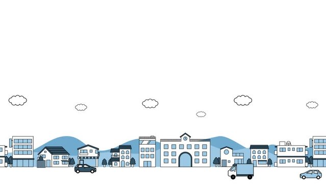 街並みに車が走るループアニメーション　背景　フラットイラスト　ブルー　風景　町並み　住宅街　トラック