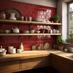 kitchen pantry design in country theme style house decorate fine detail interior space creative home decoration closeup in red burgandy accent color material scheme