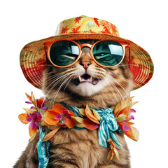 beautiful cute cat wearing cool glasses and a straw hat in summer clothes with smile on a white background PNG. Summer fun concept
