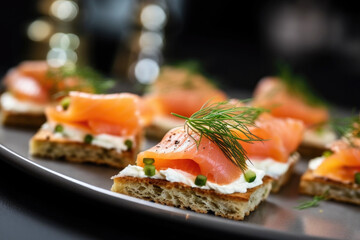 Delicious canapes with smoked salmon and dill on the plate close up - obrazy, fototapety, plakaty