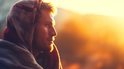 Young handsome man wrapped up in a blanket enjoying sunset and winter mountain landscape - obrazy, fototapety, plakaty