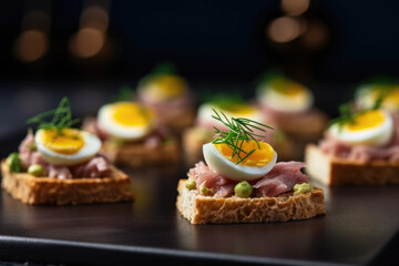 Delicious canapes with tuna and egg on the plate close up