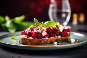 Beet bruschetta with goat cheese and basil on the plate close up - obrazy, fototapety, plakaty