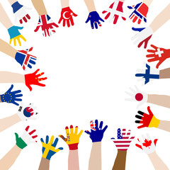 Peace concept with raised hands painted in the colors of the world flags
