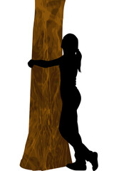 Silhouette of a girl hugging a tree trunk