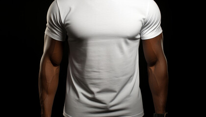 Muscular man in a form-fitting white t-shirt on a black background
